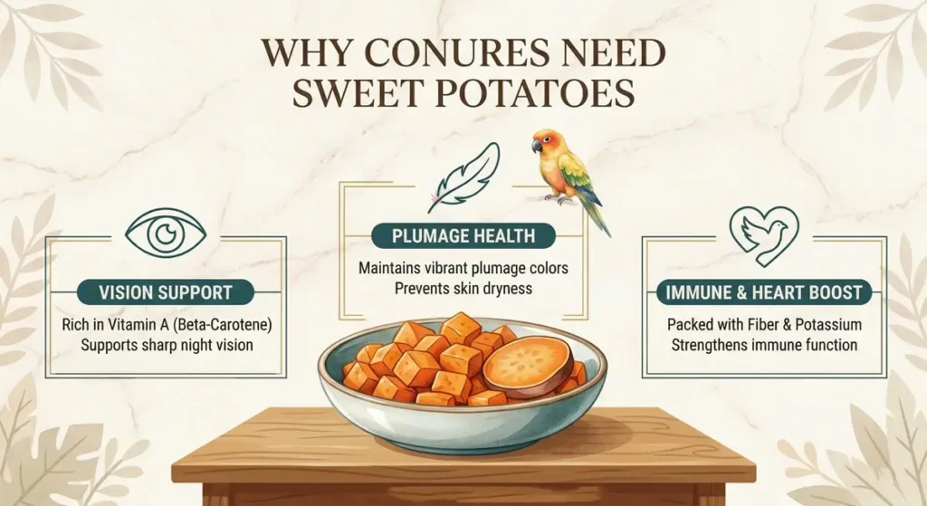 Infographic detailing if can conures eat raw sweet potato, raw sweet potato seeds, or raw sweet potato in the winter. Includes icons for eye, feather, and heart benefits.