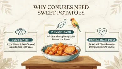 Infographic detailing if can conures eat raw sweet potato, raw sweet potato seeds, or raw sweet potato in the winter. Includes icons for eye, feather, and heart benefits.