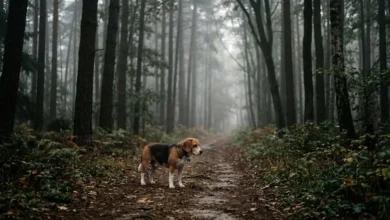 A lost domestic beagle standing alone on a foggy forest trail, demonstrating how to find a lost dog in the woods near